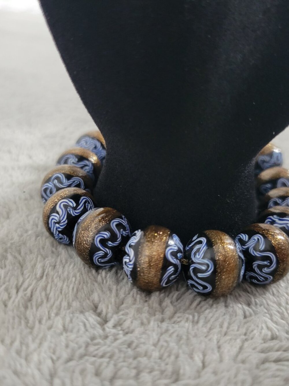 Vintage Murano Venetian Style Art Bead Bracelet Gold Shimmer Blue Swirl B4E - Picture 3 of 8